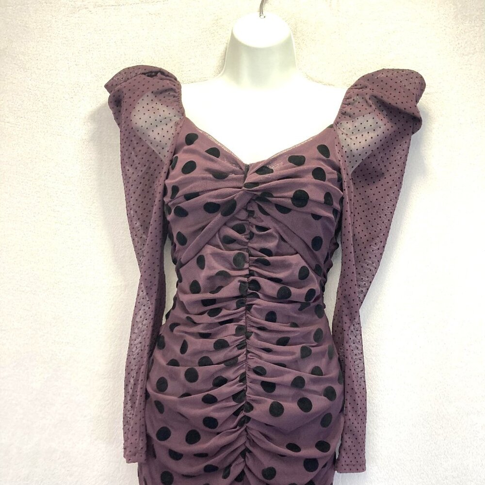 UNITEDWOOD Puff Sleeve Ruched Mesh Dress Womens 4 Purple Black Polka Dot Bodycon - Picture 2 of 14